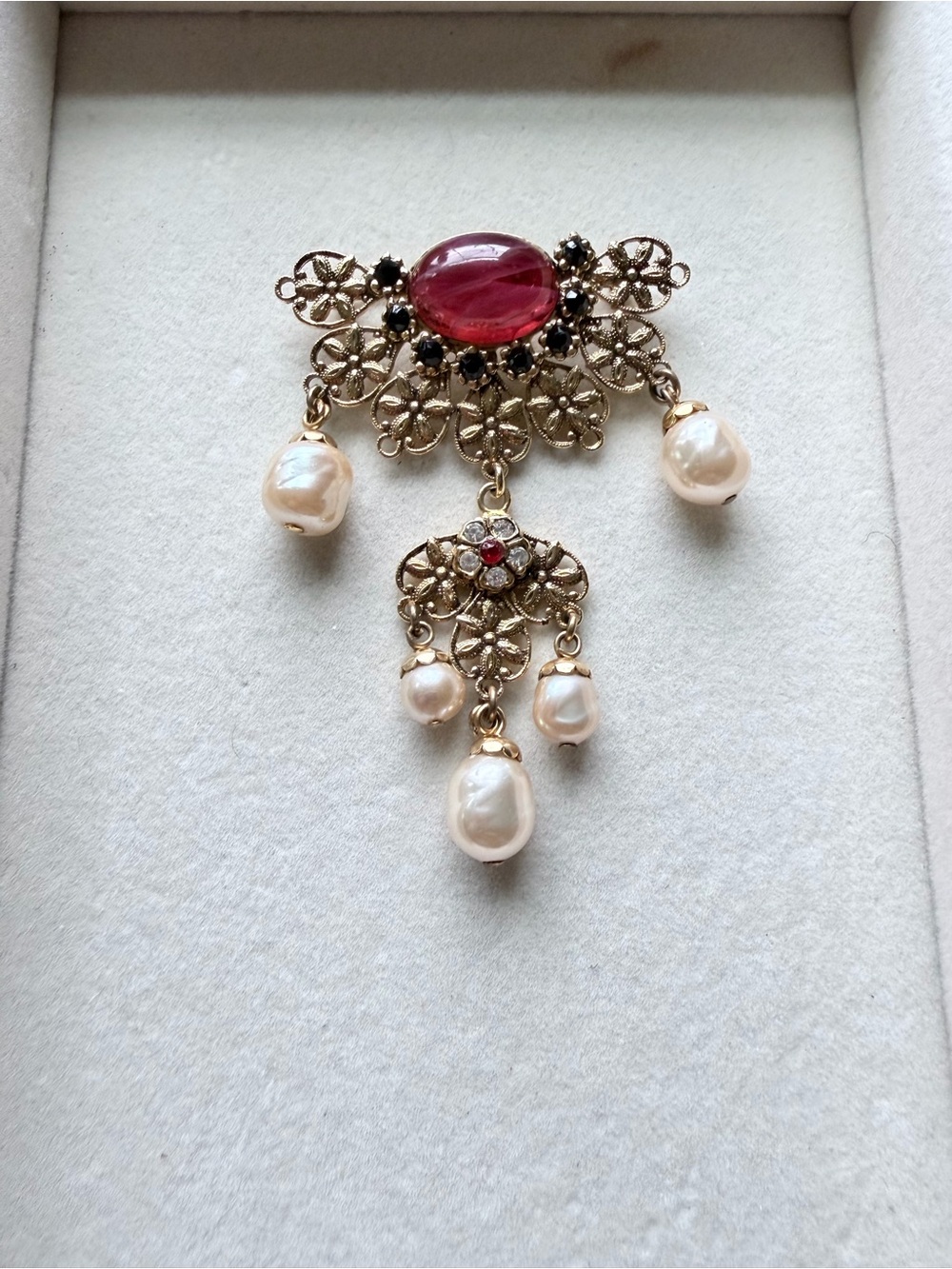 Gold Filigree Pendant Brooch with Pink Cabochon and Pearl Drops Sutton Hoo